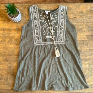 J. Jill Women’s Small Olive Green Tunic Embroidered Sleeveless Boho Top Cotton